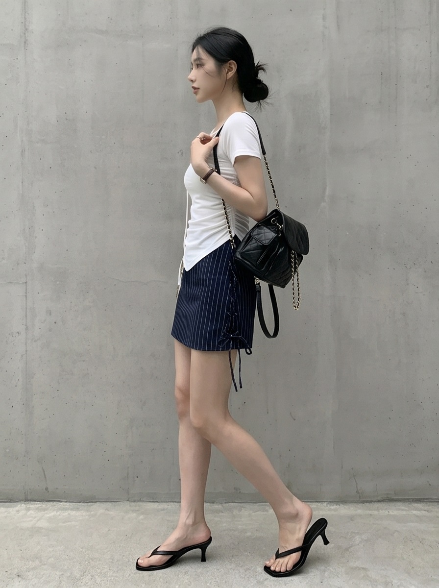 ドレープラウンドネックシャーリングドローストリングスリムアンバランス半袖Tシャツ | 詳細画像6