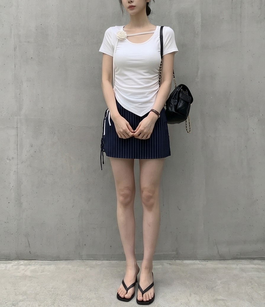 ドレープラウンドネックシャーリングドローストリングスリムアンバランス半袖Tシャツ | 詳細画像9