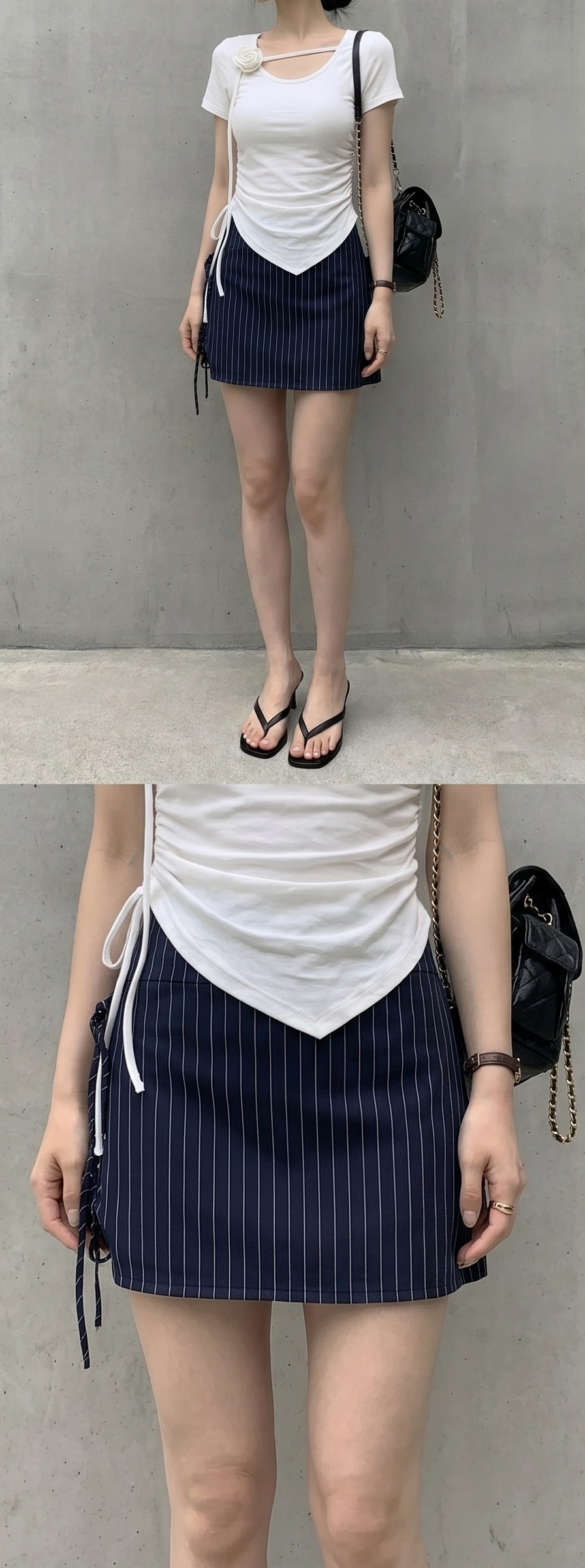 ドレープラウンドネックシャーリングドローストリングスリムアンバランス半袖Tシャツ | 詳細画像12