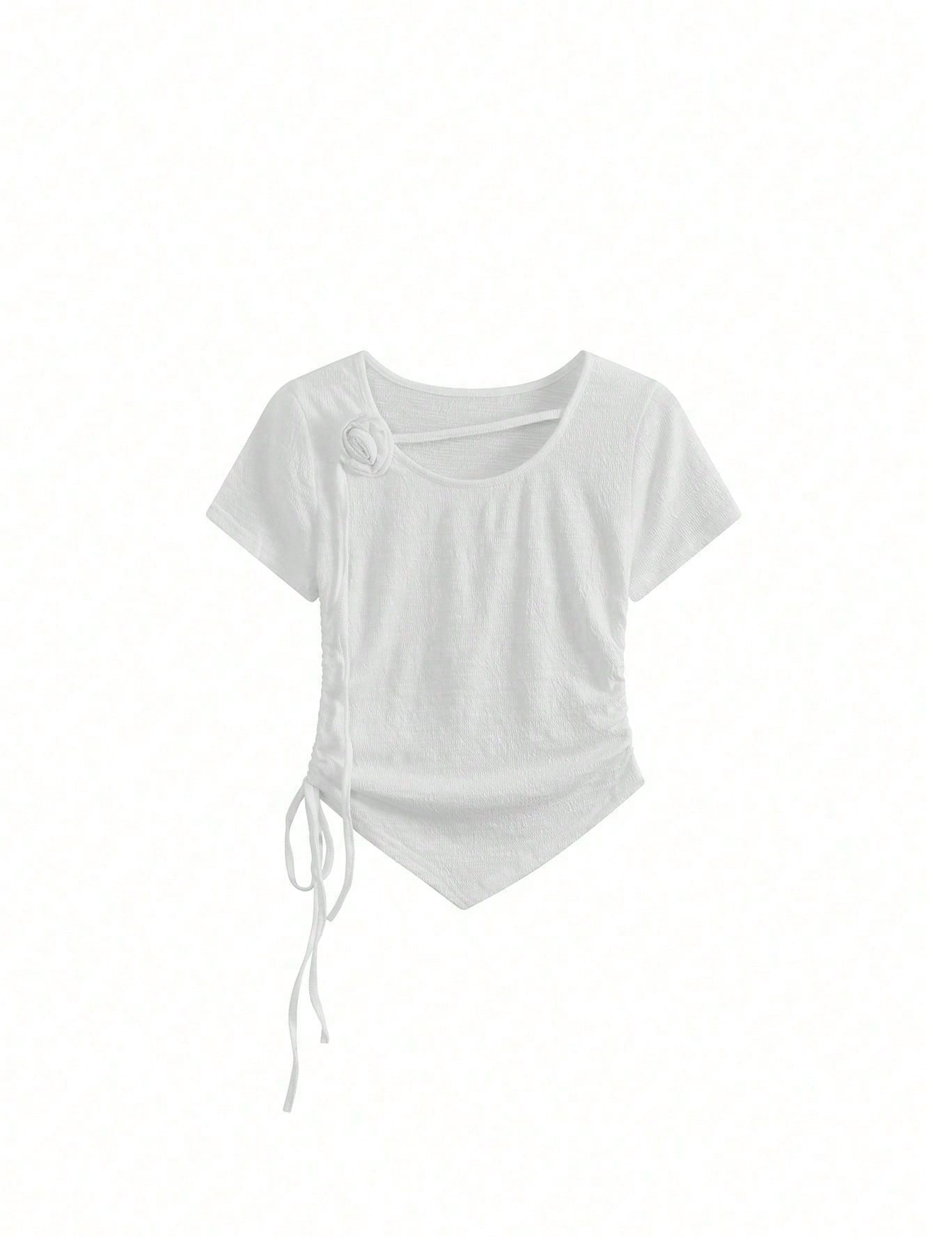 ドレープラウンドネックシャーリングドローストリングスリムアンバランス半袖Tシャツ | 詳細画像14