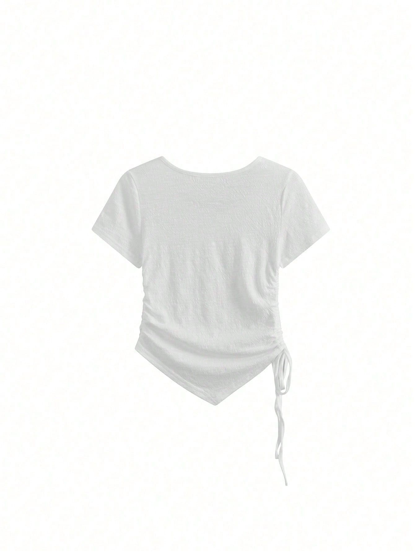 ドレープラウンドネックシャーリングドローストリングスリムアンバランス半袖Tシャツ | 詳細画像15