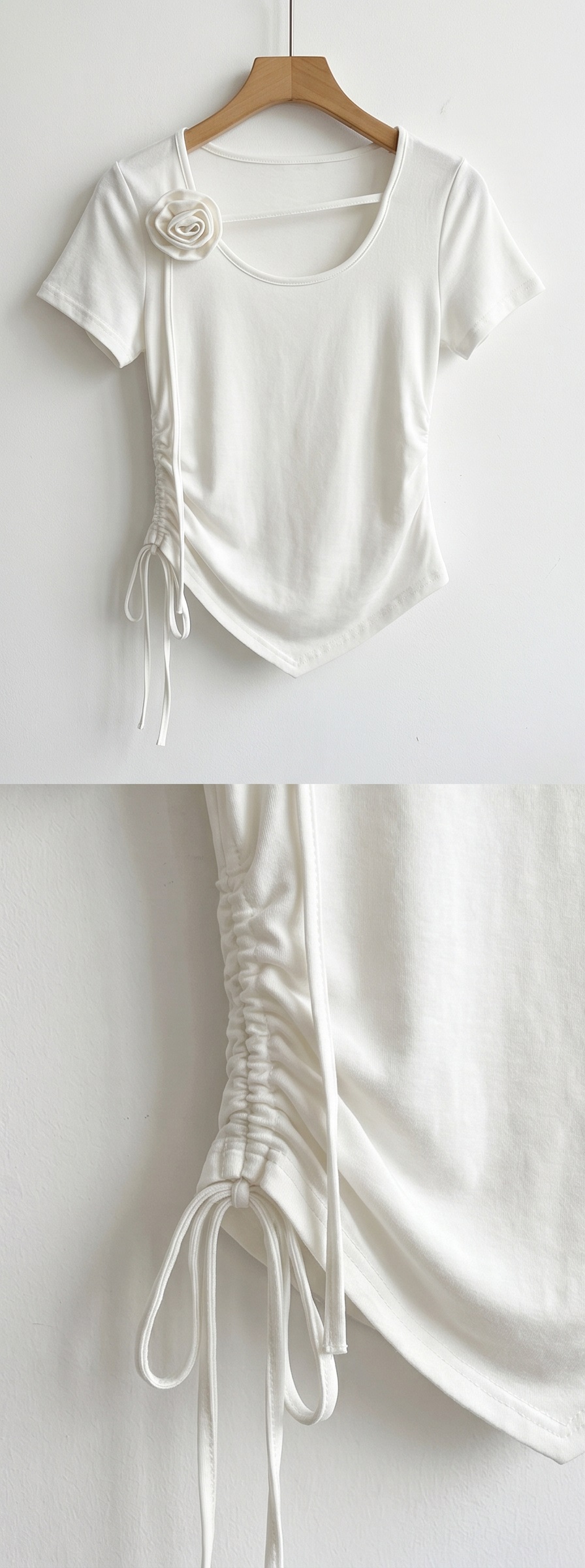 ドレープラウンドネックシャーリングドローストリングスリムアンバランス半袖Tシャツ | 詳細画像16