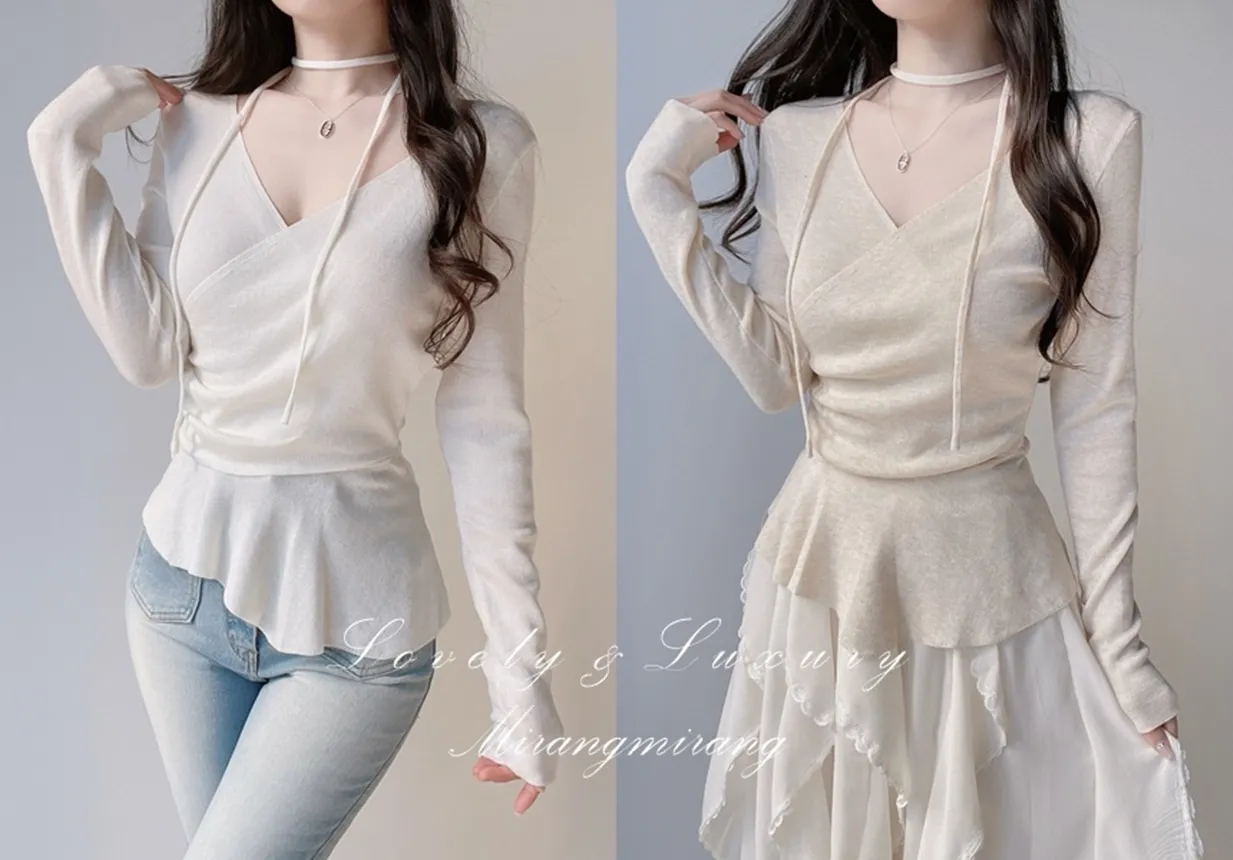 Vネックラップ調アンバランス長袖ニット | mirangmirang | 詳細画像1