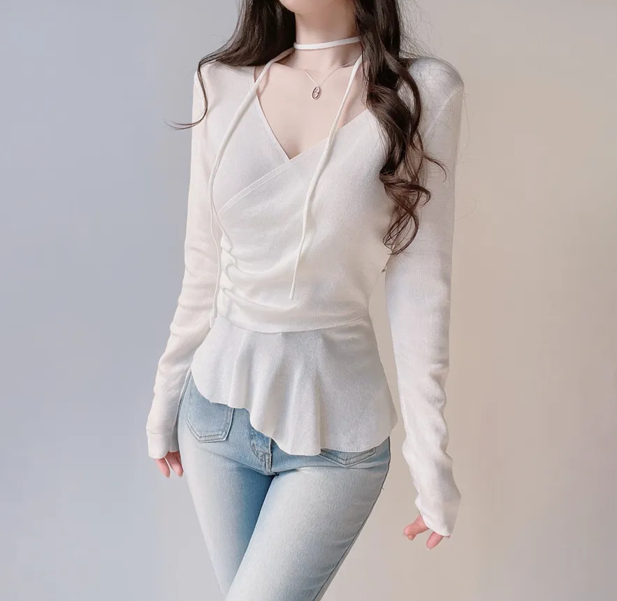 Vネックラップ調アンバランス長袖ニット | mirangmirang | 詳細画像2