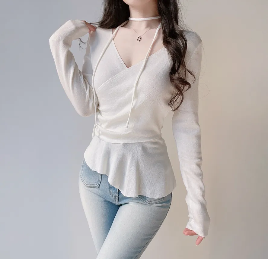 Vネックラップ調アンバランス長袖ニット | mirangmirang | 詳細画像3