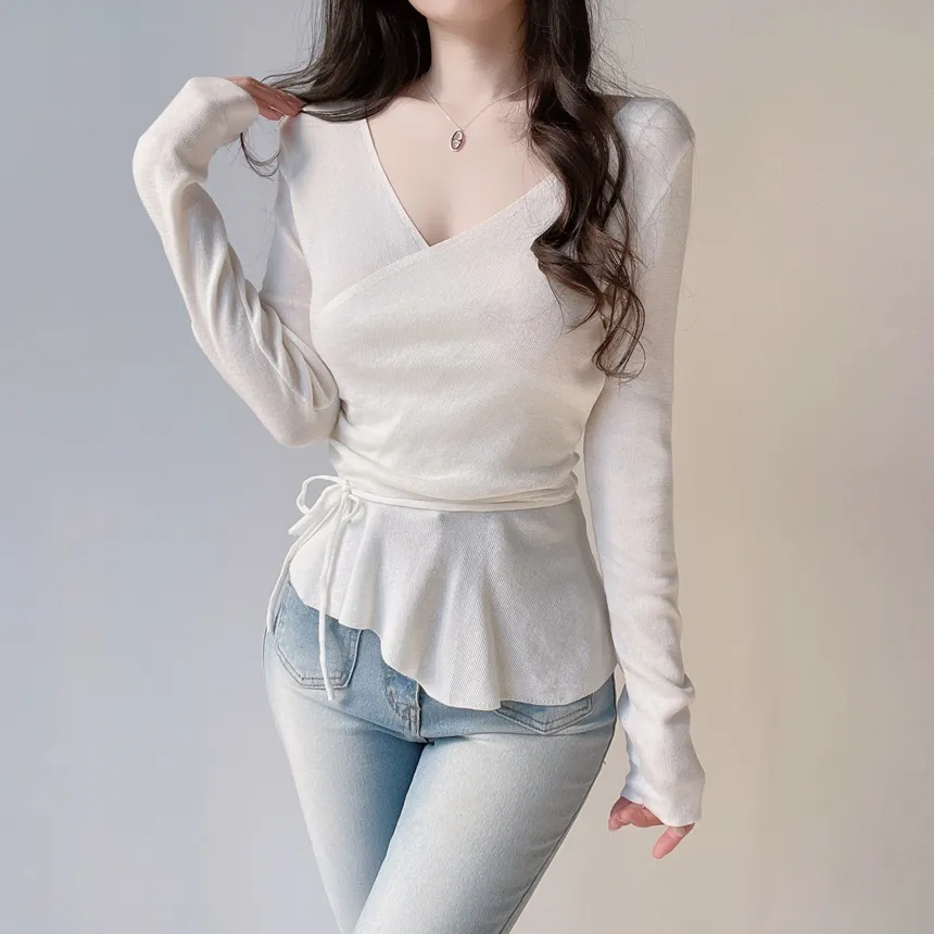 Vネックラップ調アンバランス長袖ニット | mirangmirang | 詳細画像4