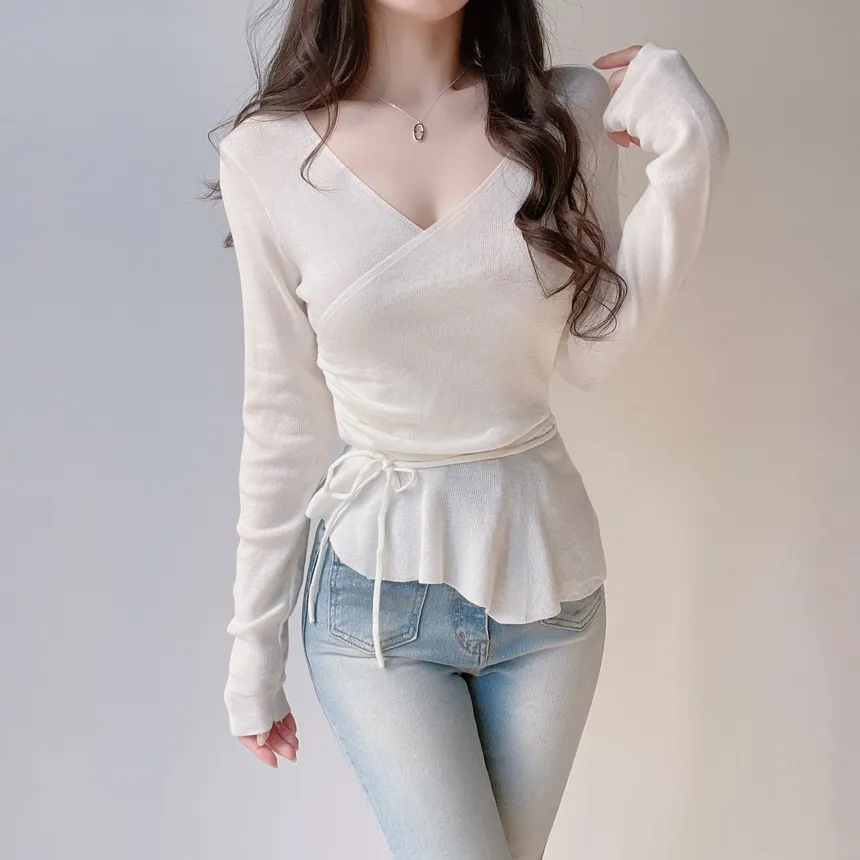 Vネックラップ調アンバランス長袖ニット | mirangmirang | 詳細画像5