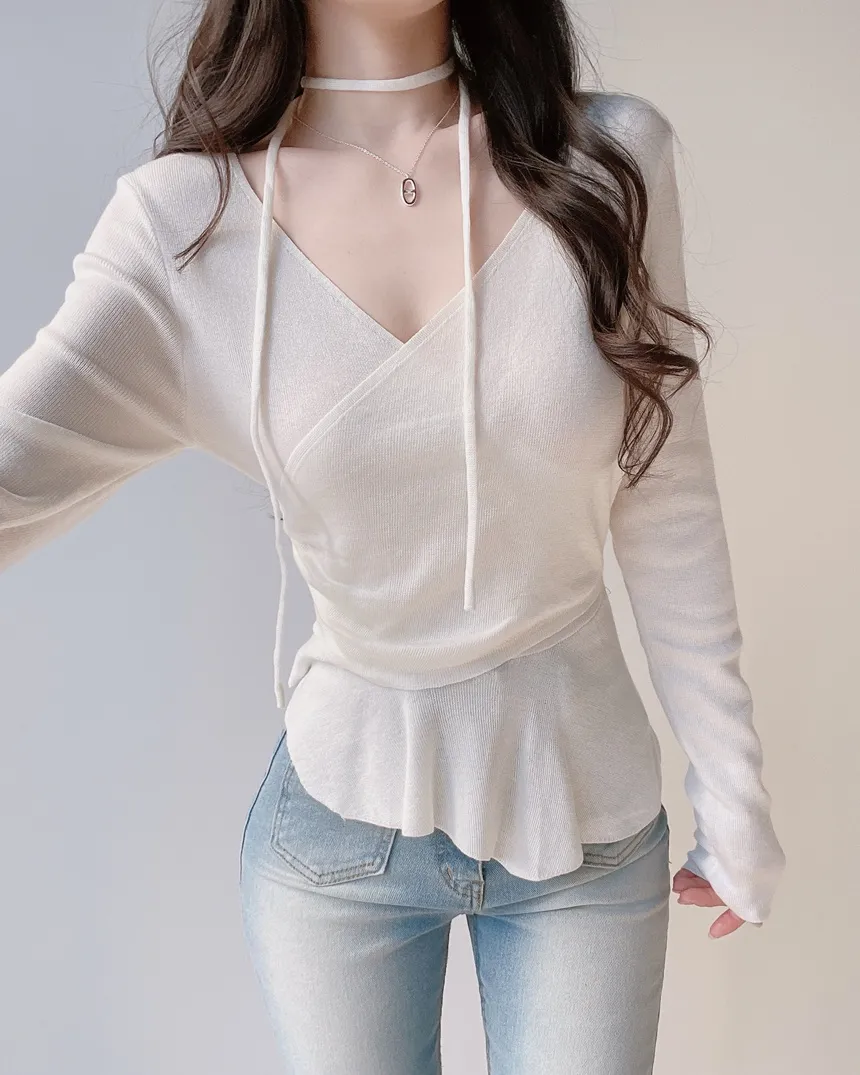 Vネックラップ調アンバランス長袖ニット | mirangmirang | 詳細画像6