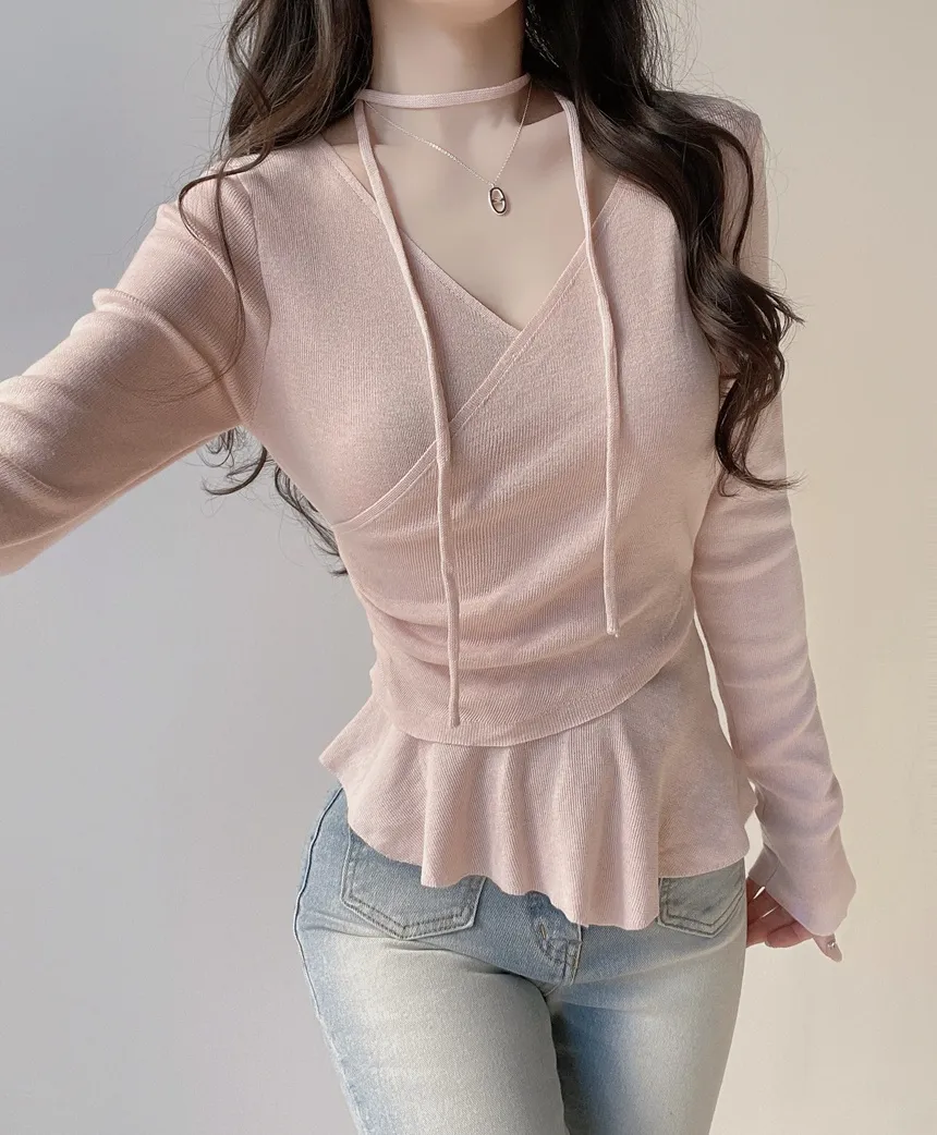 Vネックラップ調アンバランス長袖ニット | mirangmirang | 詳細画像7