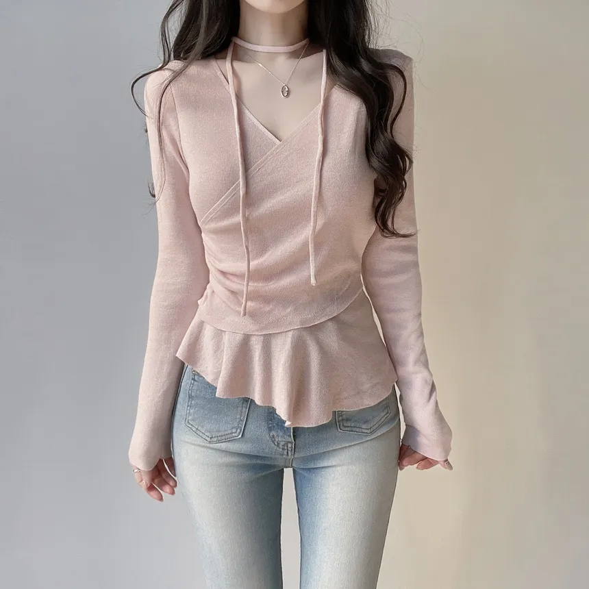 Vネックラップ調アンバランス長袖ニット | mirangmirang | 詳細画像8