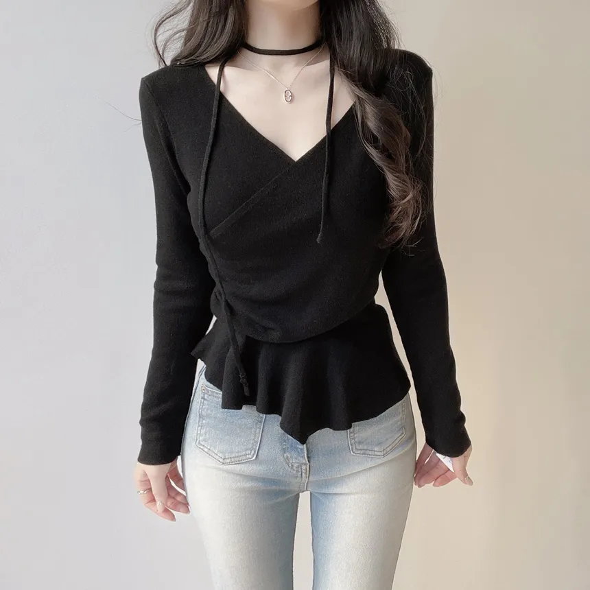 Vネックラップ調アンバランス長袖ニット | mirangmirang | 詳細画像10