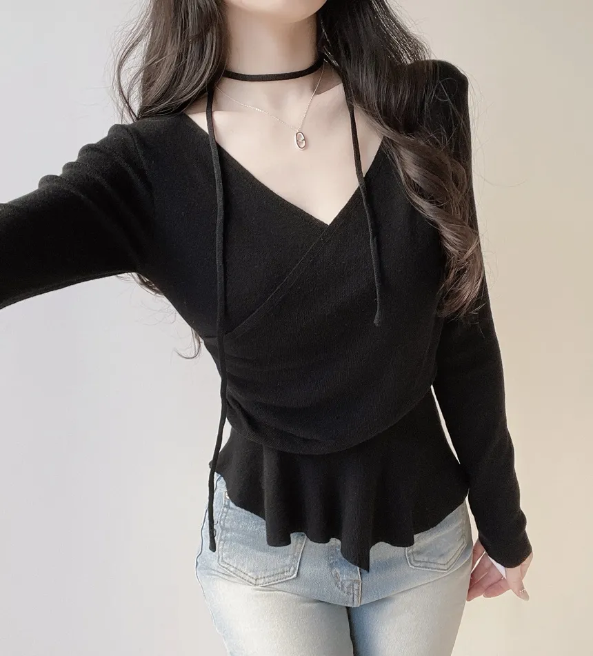 Vネックラップ調アンバランス長袖ニット | mirangmirang | 詳細画像11