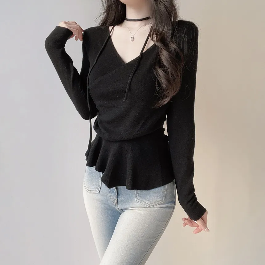 Vネックラップ調アンバランス長袖ニット | mirangmirang | 詳細画像12