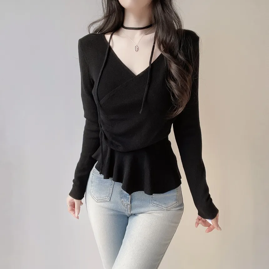 Vネックラップ調アンバランス長袖ニット | mirangmirang | 詳細画像13