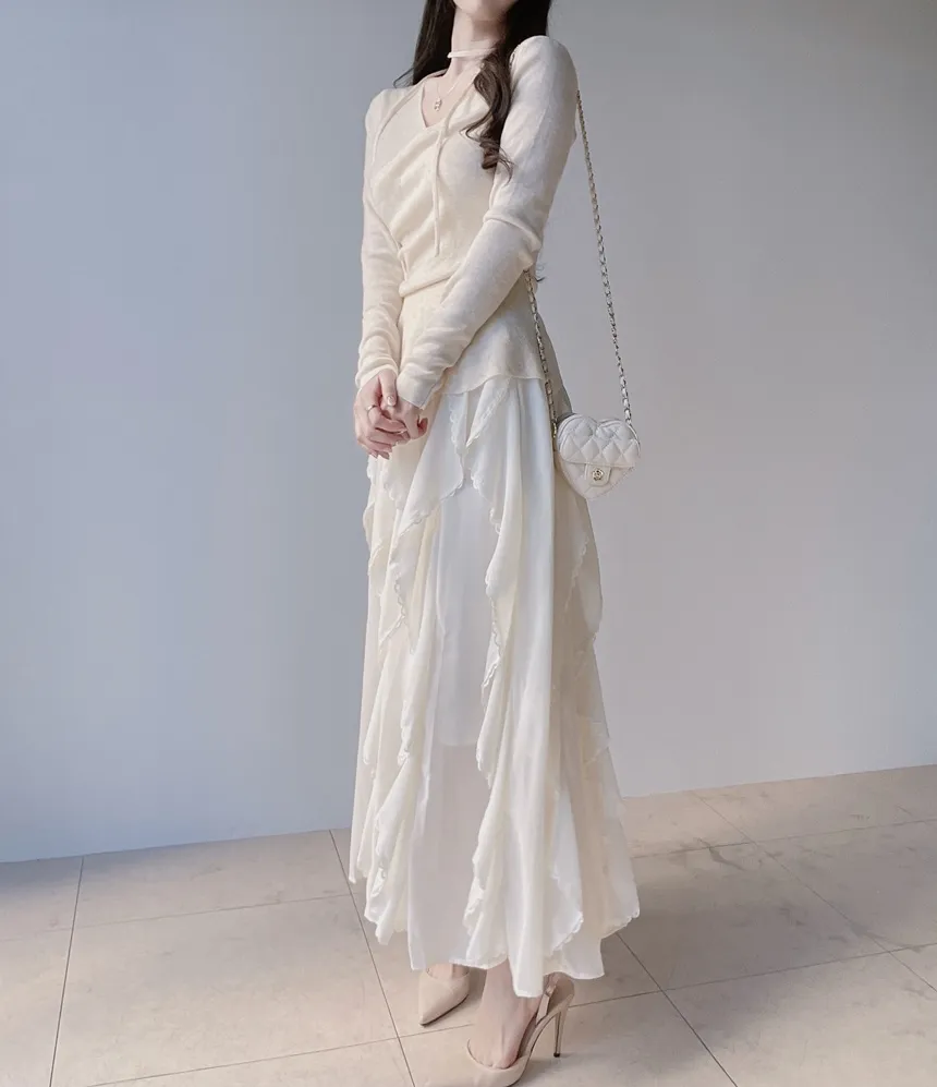 Vネックラップ調アンバランス長袖ニット | mirangmirang | 詳細画像14