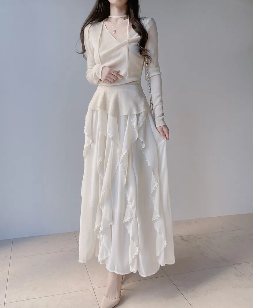 Vネックラップ調アンバランス長袖ニット | mirangmirang | 詳細画像15