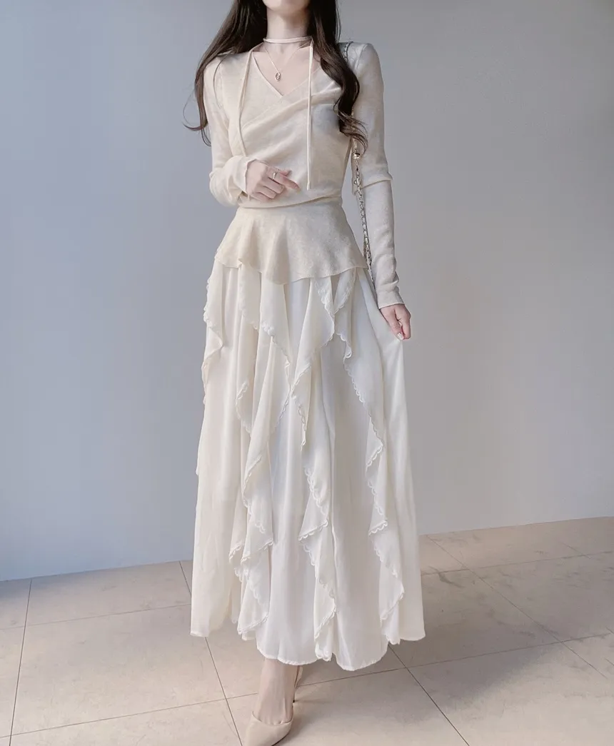 Vネックラップ調アンバランス長袖ニット | mirangmirang | 詳細画像16