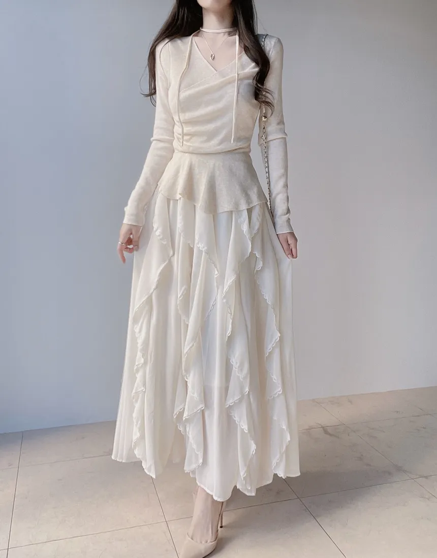 Vネックラップ調アンバランス長袖ニット | mirangmirang | 詳細画像17