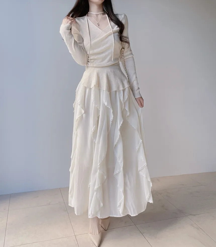 Vネックラップ調アンバランス長袖ニット | mirangmirang | 詳細画像18