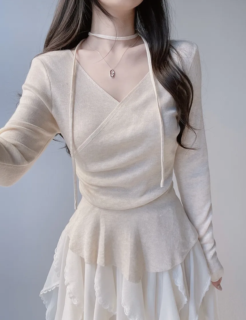 Vネックラップ調アンバランス長袖ニット | mirangmirang | 詳細画像19