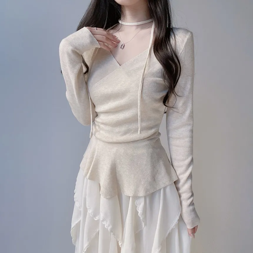 Vネックラップ調アンバランス長袖ニット | mirangmirang | 詳細画像20