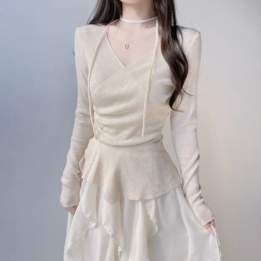 Vネックラップ調アンバランス長袖ニット | mirangmirang | 詳細画像23