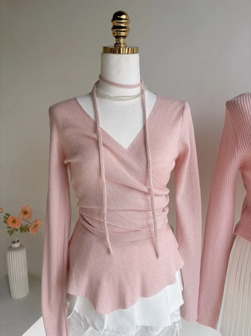 Vネックラップ調アンバランス長袖ニット | mirangmirang | 詳細画像28