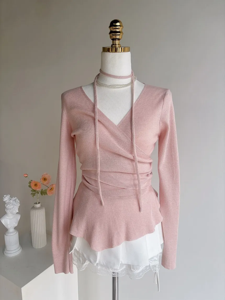 Vネックラップ調アンバランス長袖ニット | mirangmirang | 詳細画像32