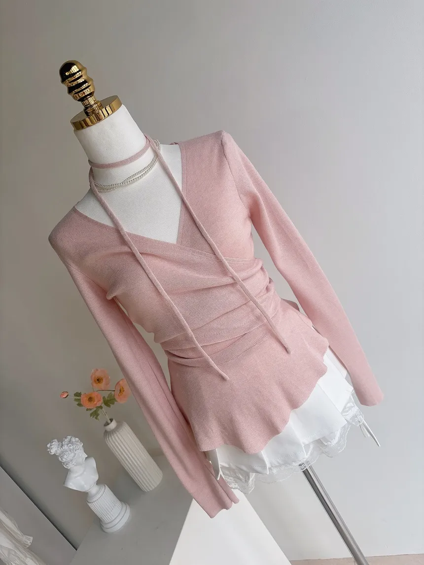 Vネックラップ調アンバランス長袖ニット | mirangmirang | 詳細画像33