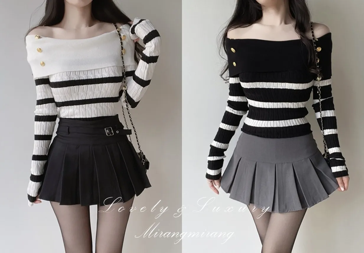 ボタンオフショルダーケーブル長袖ボーダーニット | mirangmirang | 詳細画像1