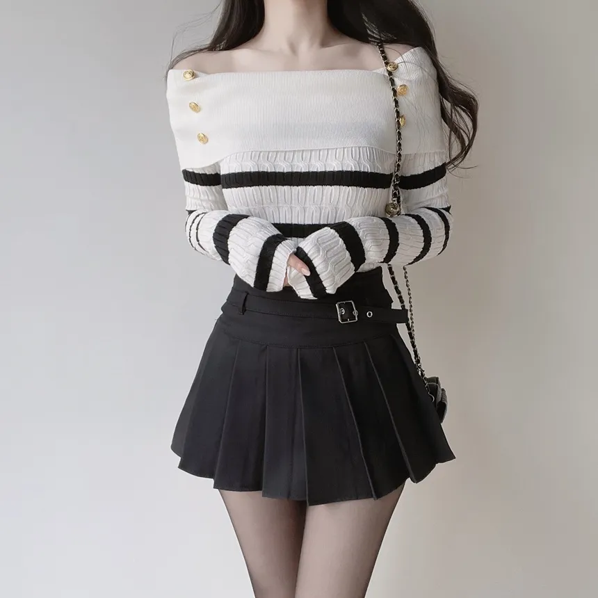 ボタンオフショルダーケーブル長袖ボーダーニット | mirangmirang | 詳細画像4