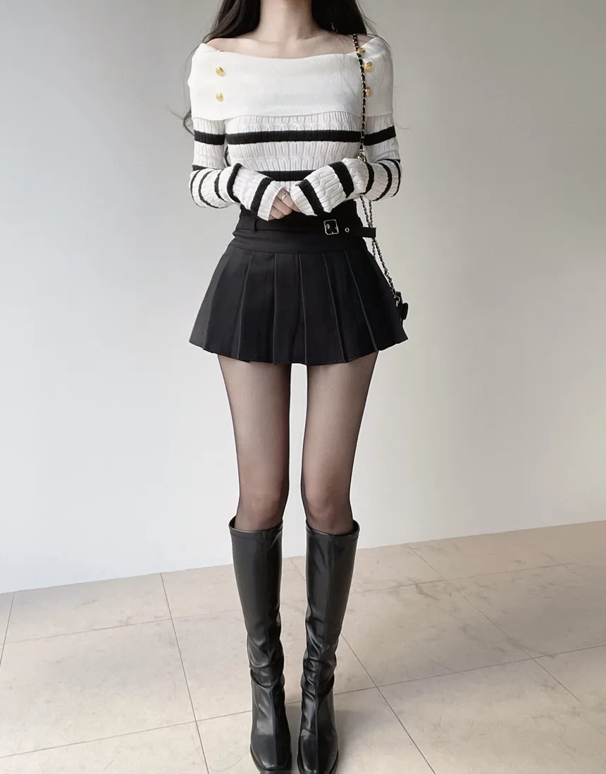 ボタンオフショルダーケーブル長袖ボーダーニット | mirangmirang | 詳細画像6