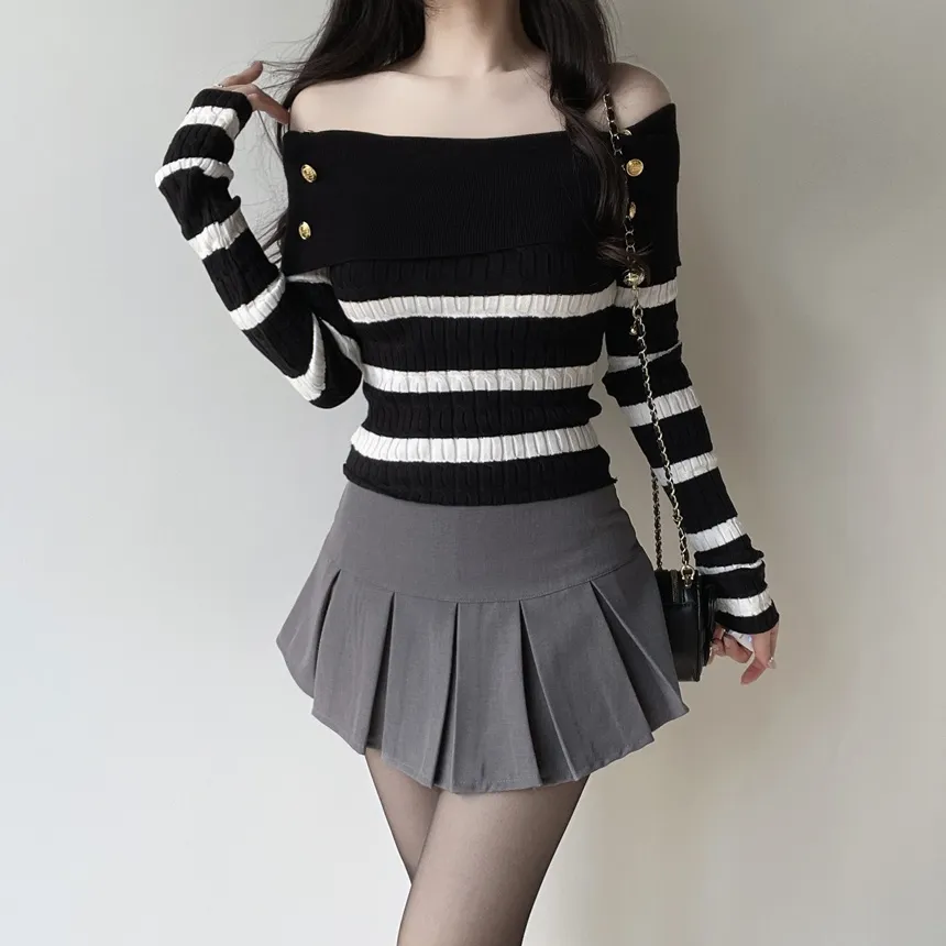 ボタンオフショルダーケーブル長袖ボーダーニット | mirangmirang | 詳細画像9