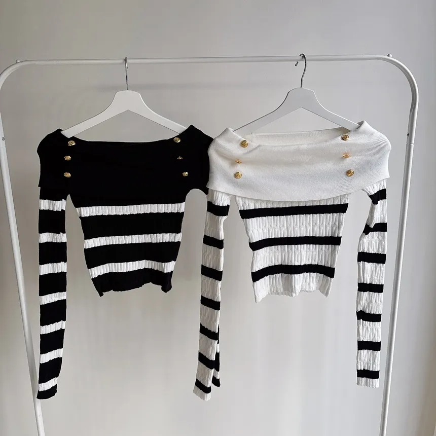 ボタンオフショルダーケーブル長袖ボーダーニット | mirangmirang | 詳細画像12