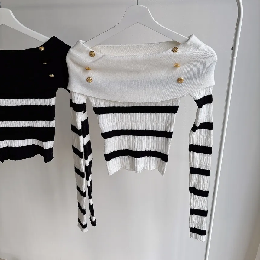 ボタンオフショルダーケーブル長袖ボーダーニット | mirangmirang | 詳細画像13