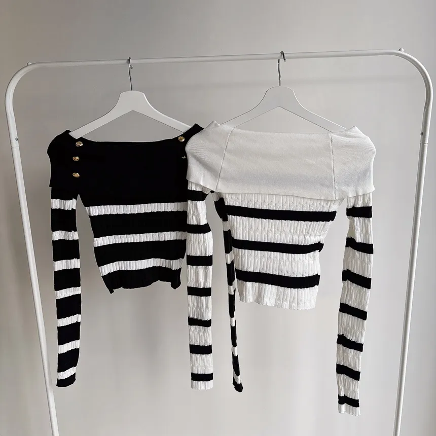 ボタンオフショルダーケーブル長袖ボーダーニット | mirangmirang | 詳細画像14