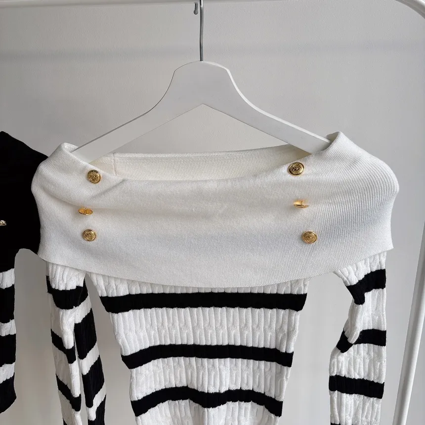 ボタンオフショルダーケーブル長袖ボーダーニット | mirangmirang | 詳細画像15