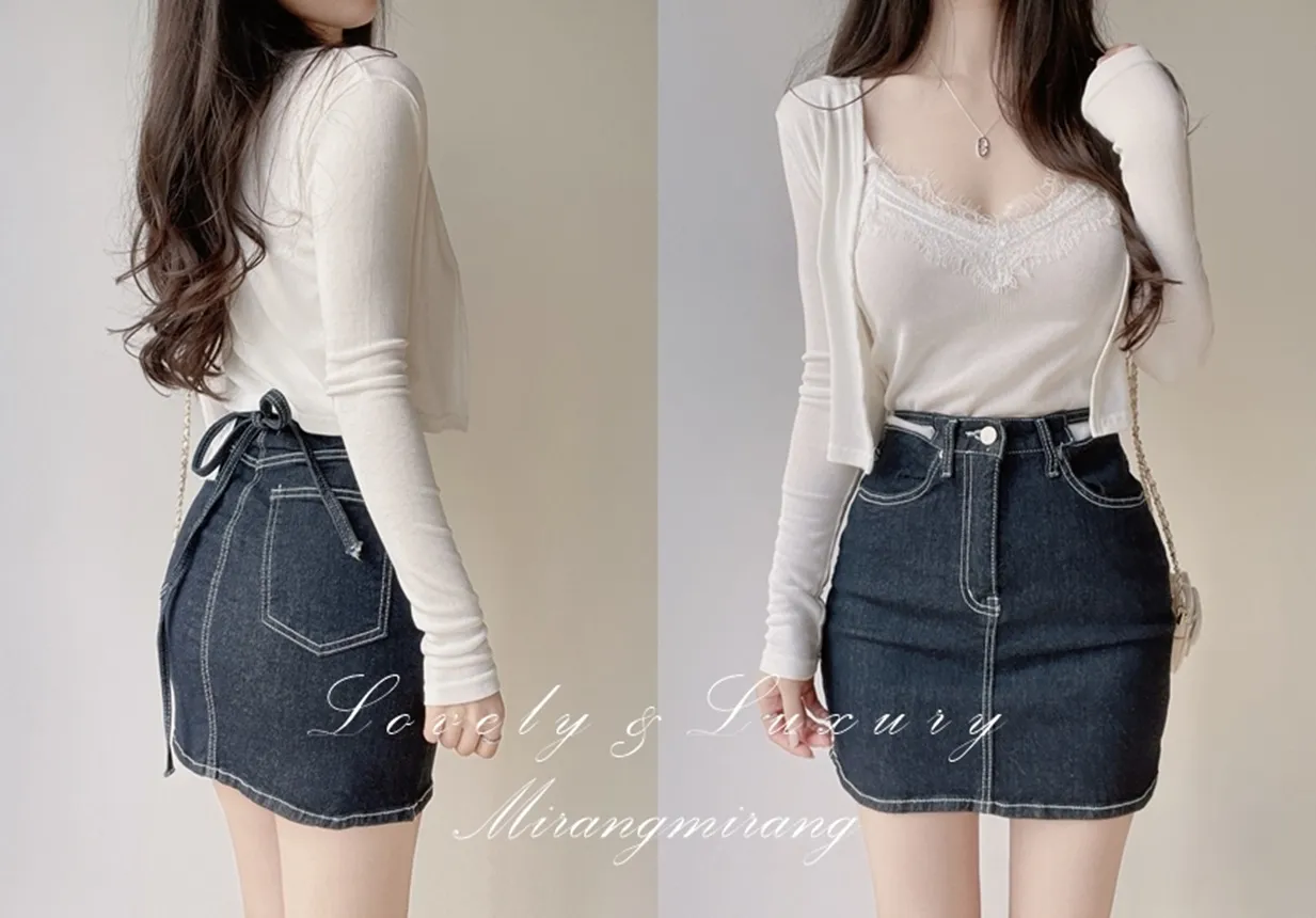 ノンウォッシュステッチストラップミニスカート | mirangmirang | 詳細画像1