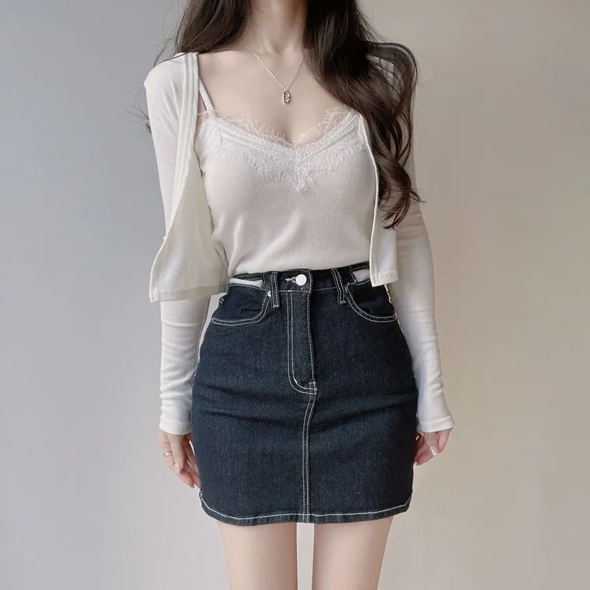 ノンウォッシュステッチストラップミニスカート | mirangmirang | 詳細画像4