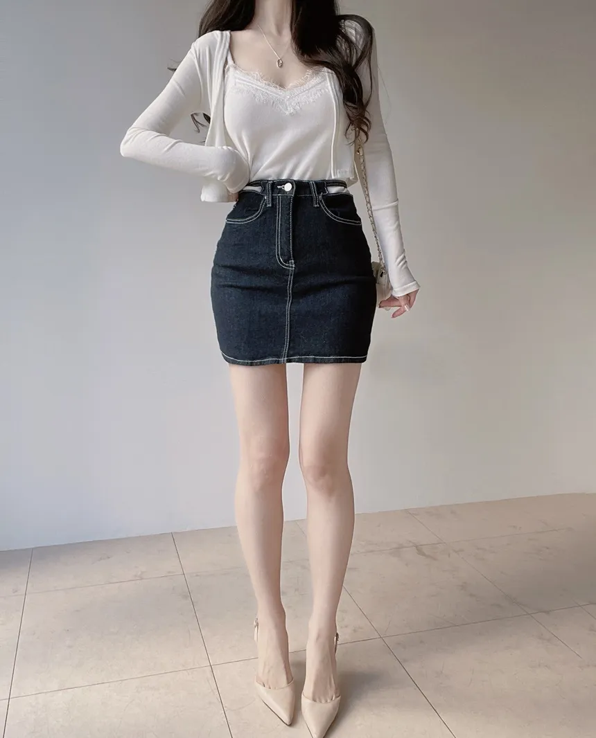 ノンウォッシュステッチストラップミニスカート | mirangmirang | 詳細画像7