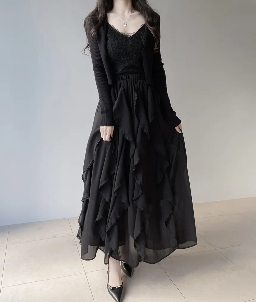 レースフリルウエストゴムロングスカート | mirangmirang | 詳細画像25