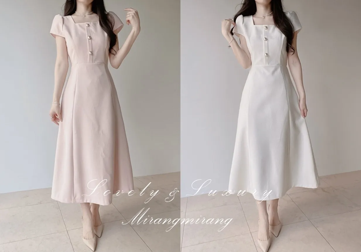 パール調ボタンパフスリーブロング半袖フレアワンピース | mirangmirang | 詳細画像1