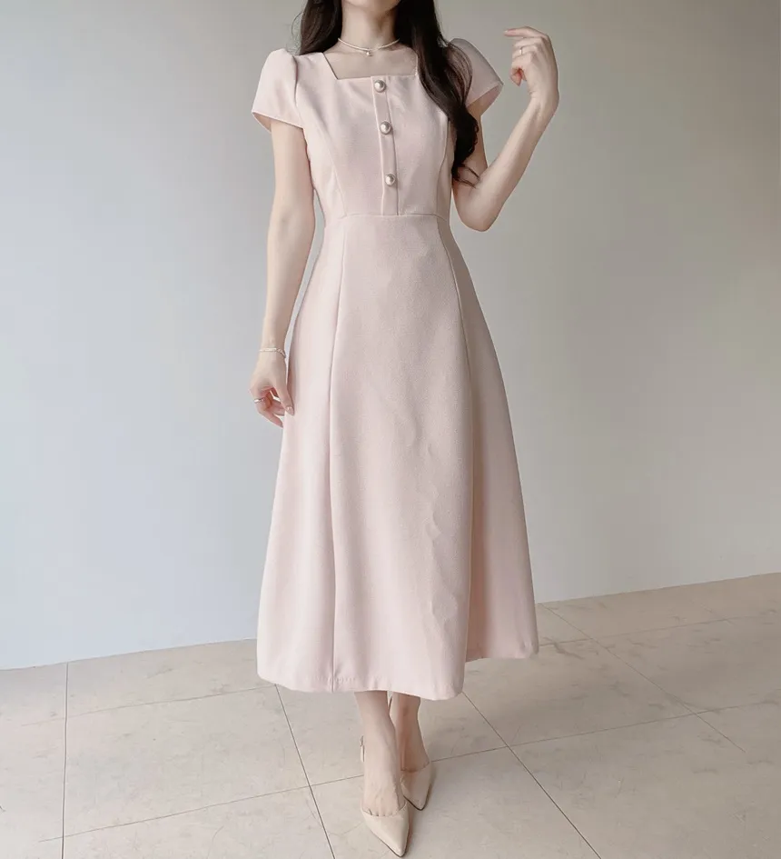 パール調ボタンパフスリーブロング半袖フレアワンピース | mirangmirang | 詳細画像2