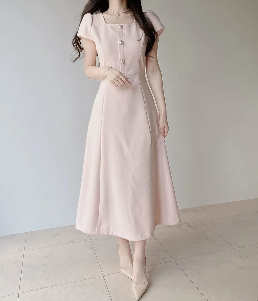 パール調ボタンパフスリーブロング半袖フレアワンピース | mirangmirang | 詳細画像4