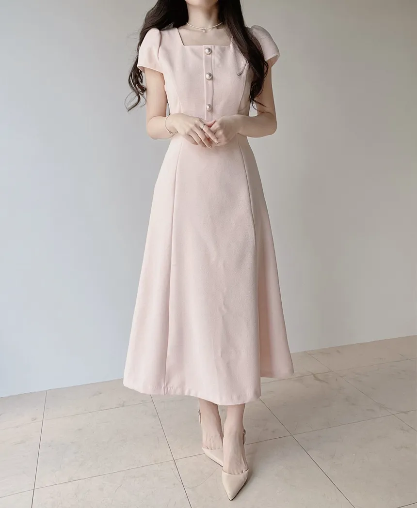 パール調ボタンパフスリーブロング半袖フレアワンピース | mirangmirang | 詳細画像5