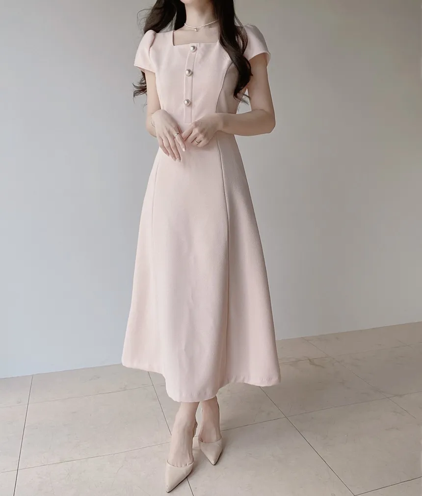 パール調ボタンパフスリーブロング半袖フレアワンピース | mirangmirang | 詳細画像6