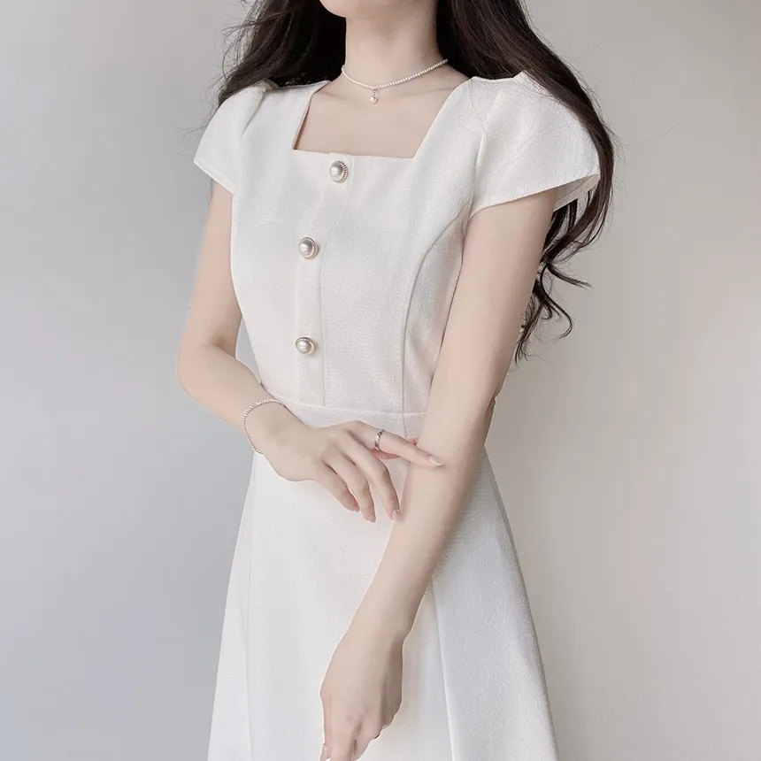 パール調ボタンパフスリーブロング半袖フレアワンピース | mirangmirang | 詳細画像7