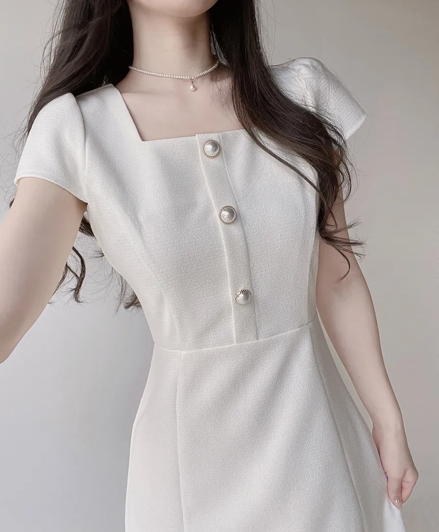 パール調ボタンパフスリーブロング半袖フレアワンピース | mirangmirang | 詳細画像8