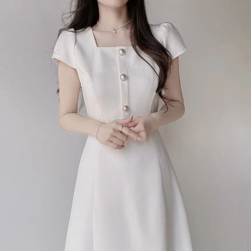 パール調ボタンパフスリーブロング半袖フレアワンピース | mirangmirang | 詳細画像9