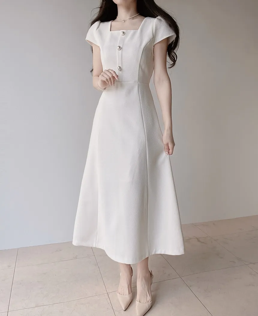 パール調ボタンパフスリーブロング半袖フレアワンピース | mirangmirang | 詳細画像10